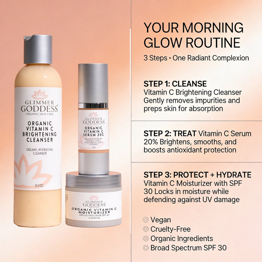Glimmer Goddess Organic Skin Care Morning Glow Routine vitamin C 3-step brightening system gift pack with skincare products.