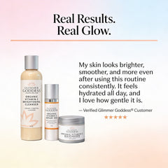 Glimmer Goddess Organic Skin Care Morning Glow Routine vitamin C 3-step brightening gift set with skincare products and packaging