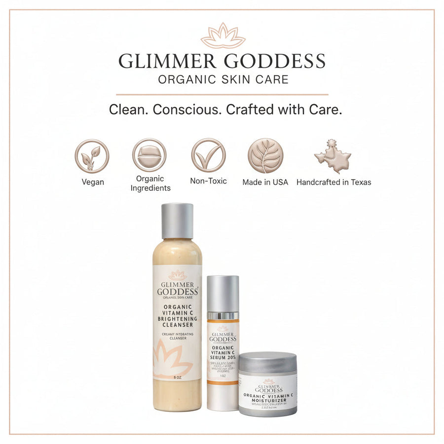 Glimmer Goddess Organic Skin Care Morning Glow Routine Vitamin C 3-step brightening gift set with skincare products and packaging