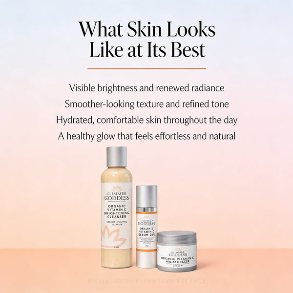 Glimmer Goddess Organic Skin Care Morning Glow Routine Vitamin C 3-step brightening gift set with skincare products in elegant packaging