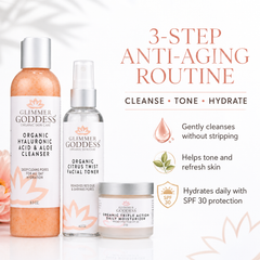 Glimmer Goddess® Organic Skin Care 3-step anti-aging routine gift set with cleanser, serum, and moisturizer in eco-friendly packaging