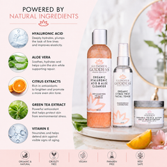 Glimmer Goddess Organic Skin Care 3-step anti-aging gift set with cleanser, serum, and moisturizer in natural packaging