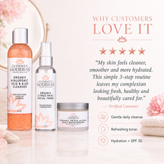 Glimmer Goddess Organic Skin Care 3-Step Anti-Aging Routine gift set with cleanser, serum, and moisturizer in natural packaging