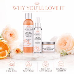 Glimmer Goddess Organic Skin Care 3-Step Anti-Aging Skin Care Routine gift set with cleanser, serum, and moisturizer in a branded package.