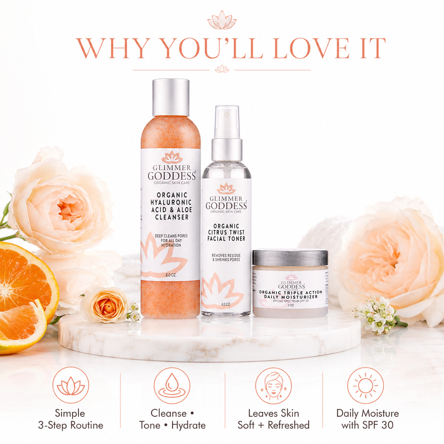 Glimmer Goddess Organic Skin Care 3-Step Anti-Aging Skin Care Routine gift set with cleanser, serum, and moisturizer in a branded package.