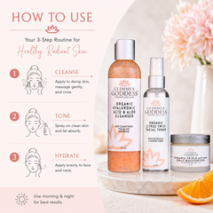 Glimmer Goddess Organic Skin Care gift set with three-step anti-aging routine, including cleanser, serum, and moisturizer in elegant packaging.
