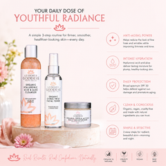 Glimmer Goddess Organic Skin Care 3-step anti-aging gift set with cleanser, serum, and moisturizer in eco-friendly packaging