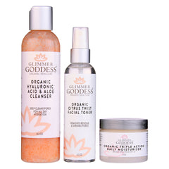 Glimmer Goddess Organic Skin Care 3-Step Anti-Aging Gift Pack with cleanser, serum, and moisturizer in eco-friendly packaging.