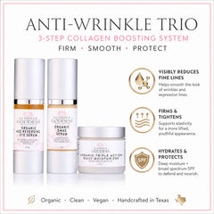 Glimmer Goddess Organic Skin Care Anti-Wrinkle Trio gift set featuring 3-step collagen boosting system for youthful skin.