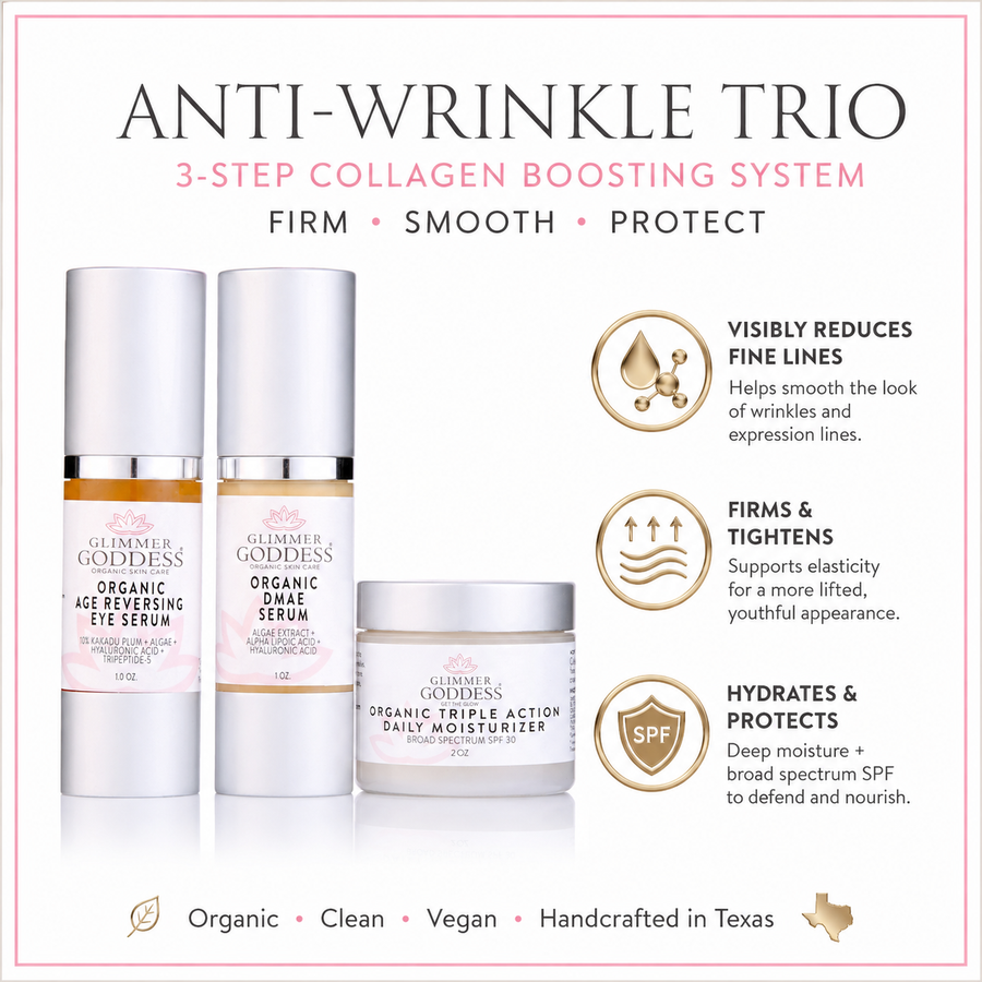 Glimmer Goddess Organic Skin Care Anti-Wrinkle Trio gift set featuring 3-step collagen boosting system for youthful skin.