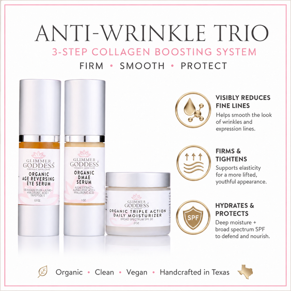 Glimmer Goddess Organic Skin Care Anti-Wrinkle Trio gift set featuring 3-step collagen boosting system for youthful skin.