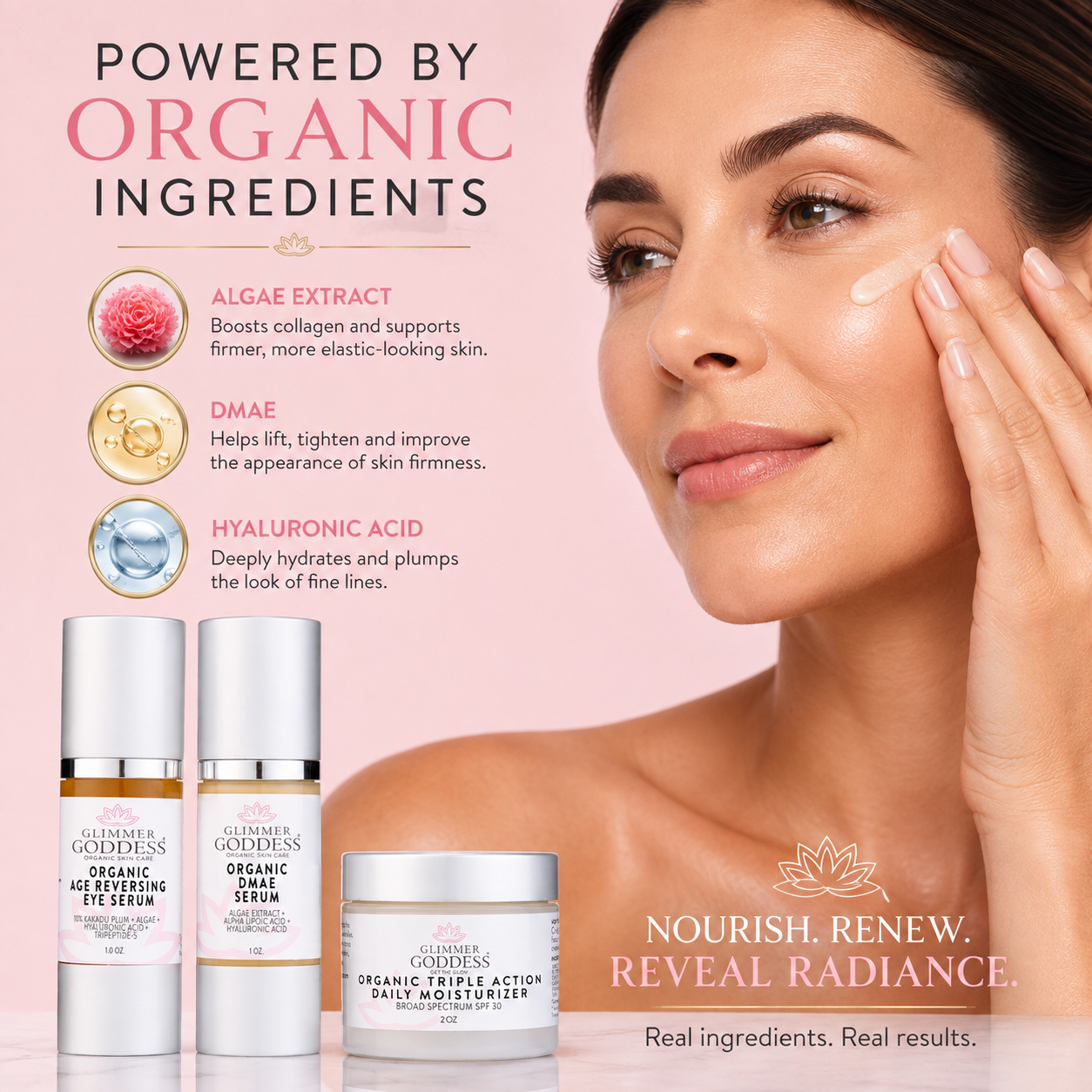 Glimmer Goddess Organic Skin Care Anti-Wrinkle Trio gift set with 3-step collagen boosting system in elegant packaging.