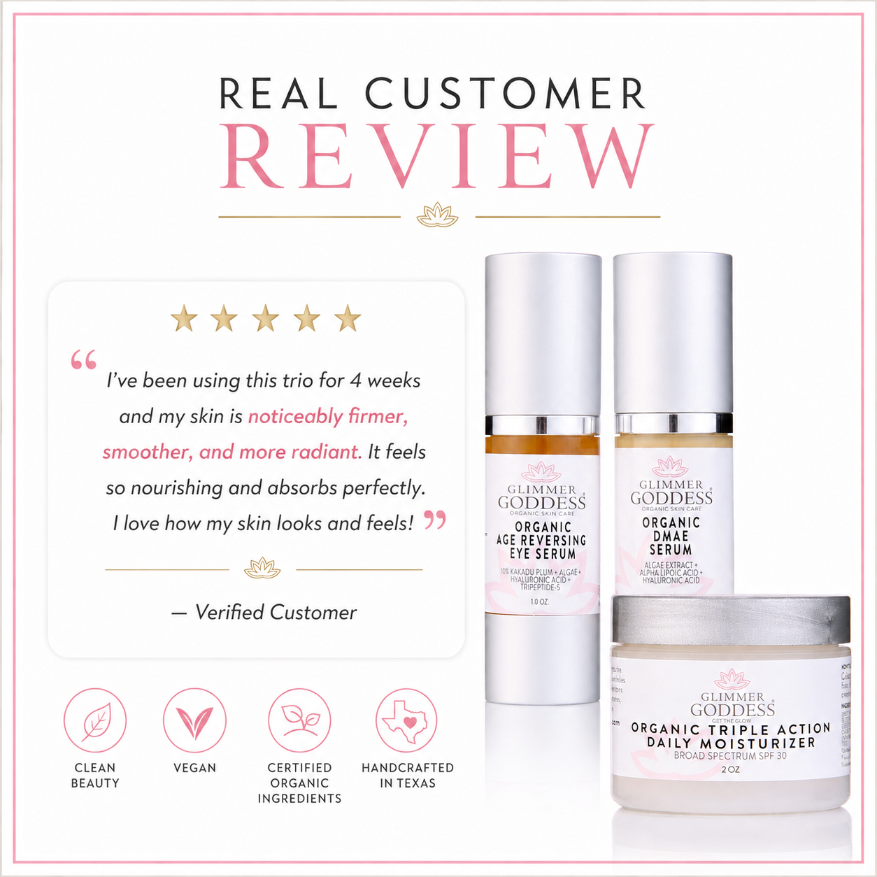 Organic Anti-Wrinkle Trio gift set by Glimmer Goddess® includes 3-step collagen boosting skincare products.