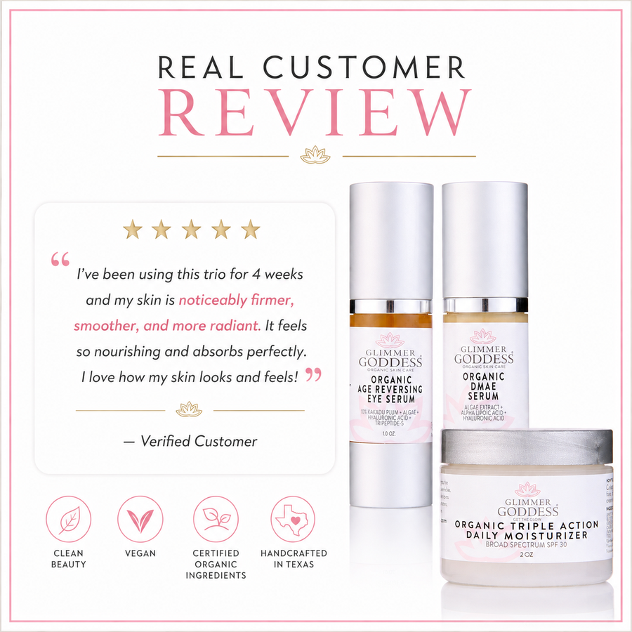 Organic Anti-Wrinkle Trio gift set by Glimmer Goddess® includes 3-step collagen boosting skincare products.