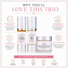 Glimmer Goddess Organic Skin Care Anti-Wrinkle Trio gift set with 3-step collagen boosting system in eco-friendly packaging.