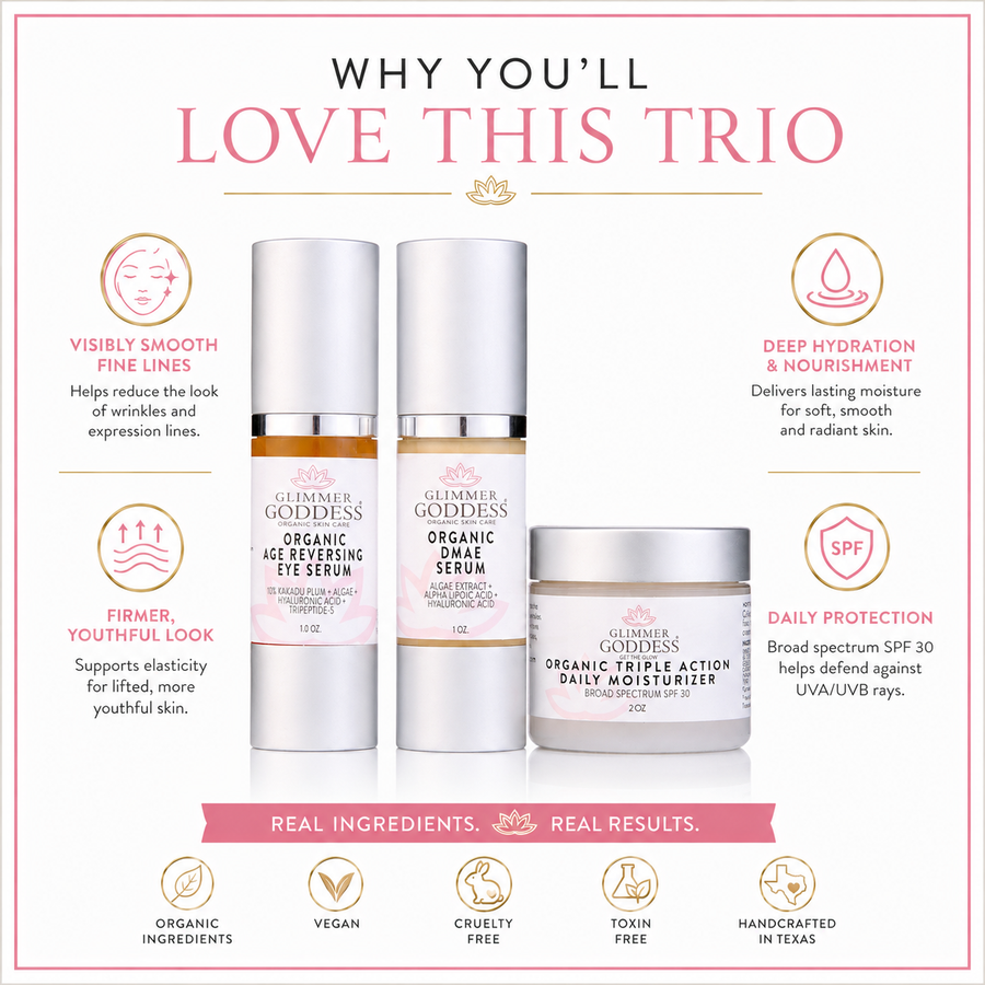 Glimmer Goddess Organic Skin Care Anti-Wrinkle Trio gift set with 3-step collagen boosting system in eco-friendly packaging.