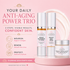Glimmer Goddess Organic Skin Care Anti-Wrinkle Trio gift set with 3-step collagen boosting system and natural skincare products