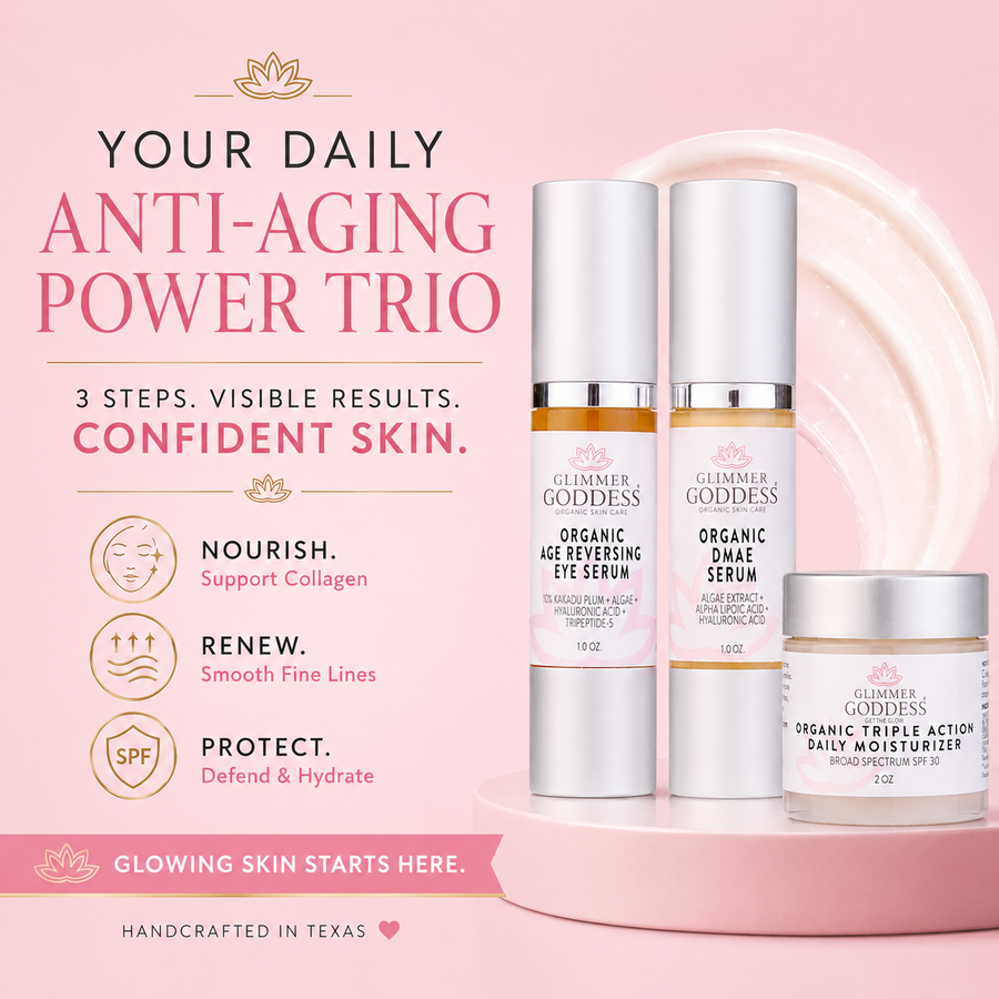 Glimmer Goddess Organic Skin Care Anti-Wrinkle Trio gift set with 3-step collagen boosting system and natural skincare products