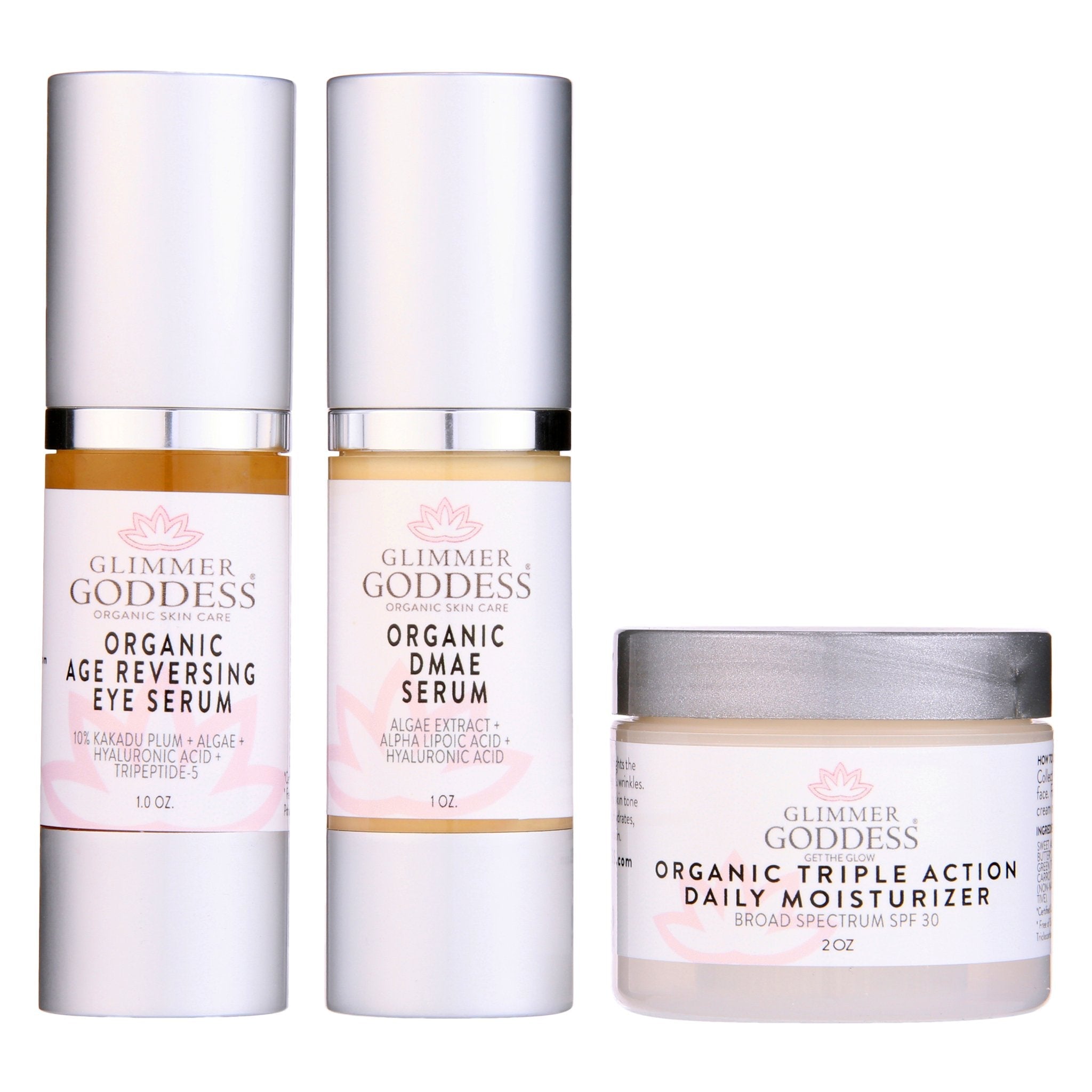 Glimmer Goddess Organic Skin Care Anti-Wrinkle Trio gift set with 3-step collagen boosting system for youthful skin.