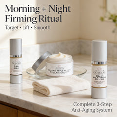 Organic Anti-Wrinkle Trio gift pack from Glimmer Goddess featuring 3-step collagen boosting skincare system with natural ingredients.