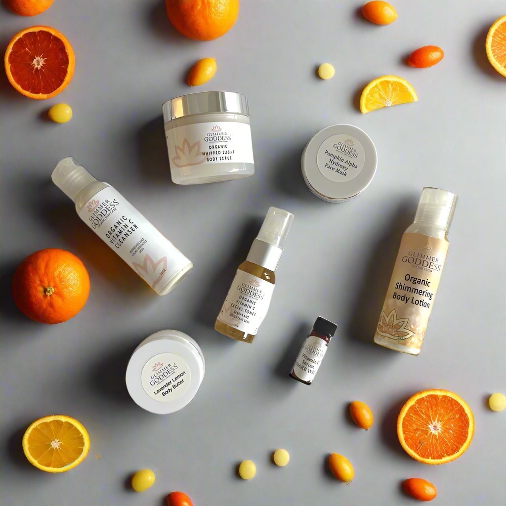 Glimmer Goddess Organic Skin Care Vitamin C Radiance Deluxe Sample Kit with gift pack and skincare sample set.