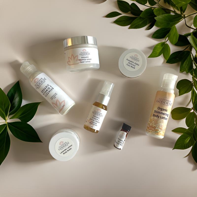 Organic Vitamin C Radiance Deluxe Sample Kit from Glimmer Goddess® Organic Skin Care, featuring skincare gift set and value pack.