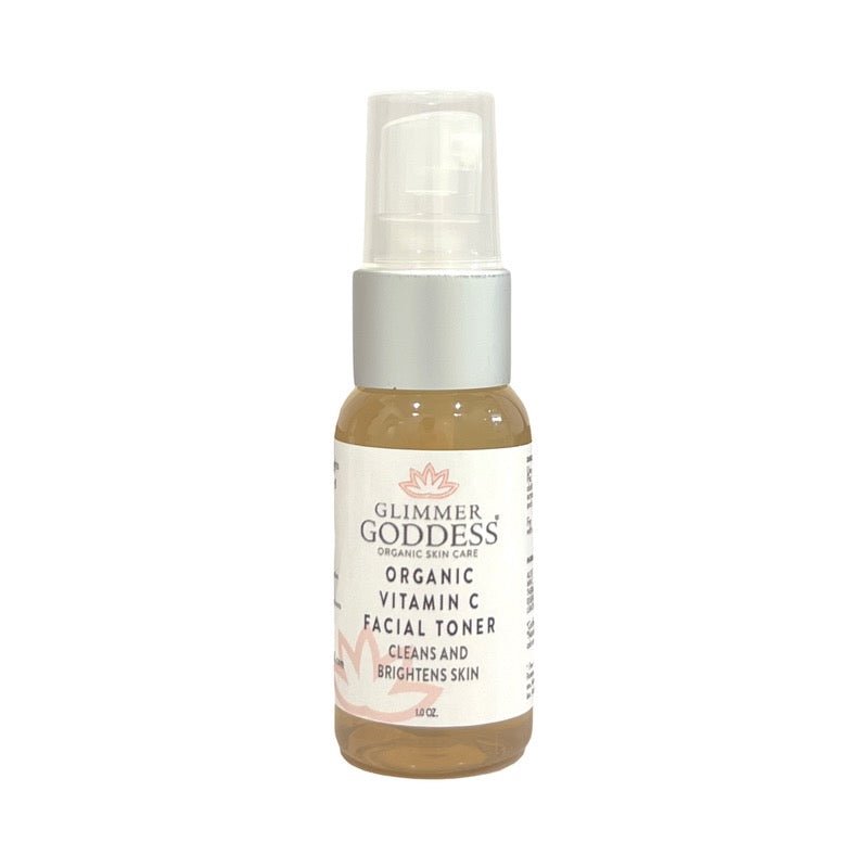 Organic Vitamin C Radiance Deluxe Sample Kit by Glimmer Goddess® Organic Skin Care, displayed in gift pack with skincare products.