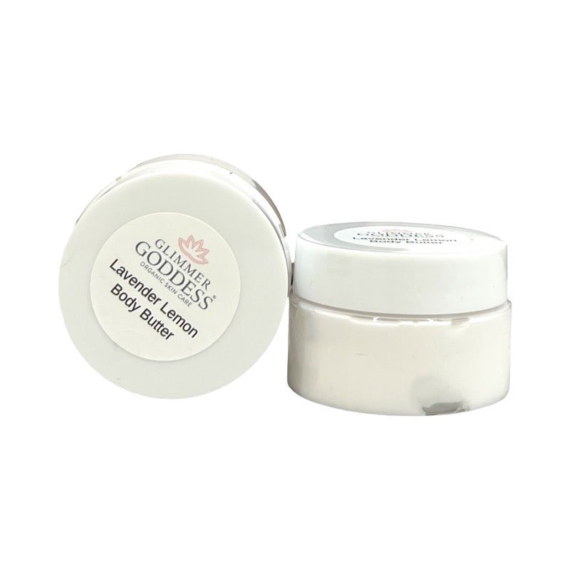 Organic Vitamin C Radiance Deluxe Sample Kit from Glimmer Goddess® Organic Skin Care, shown in a gift pack with skincare products.