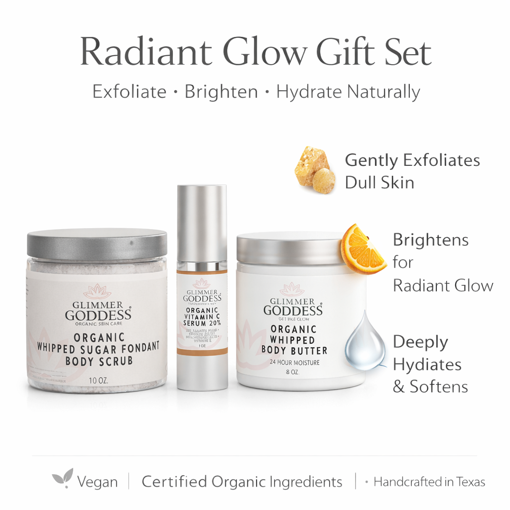 Glimmer Goddess Organic Skin Care Radiance Glow gift set with exfoliating, brightening, and hydrating skincare products in a gift pack.