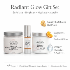 Glimmer Goddess Organic Skin Care Radiance Glow gift set with exfoliating, brightening, and hydrating skincare products in a gift pack.