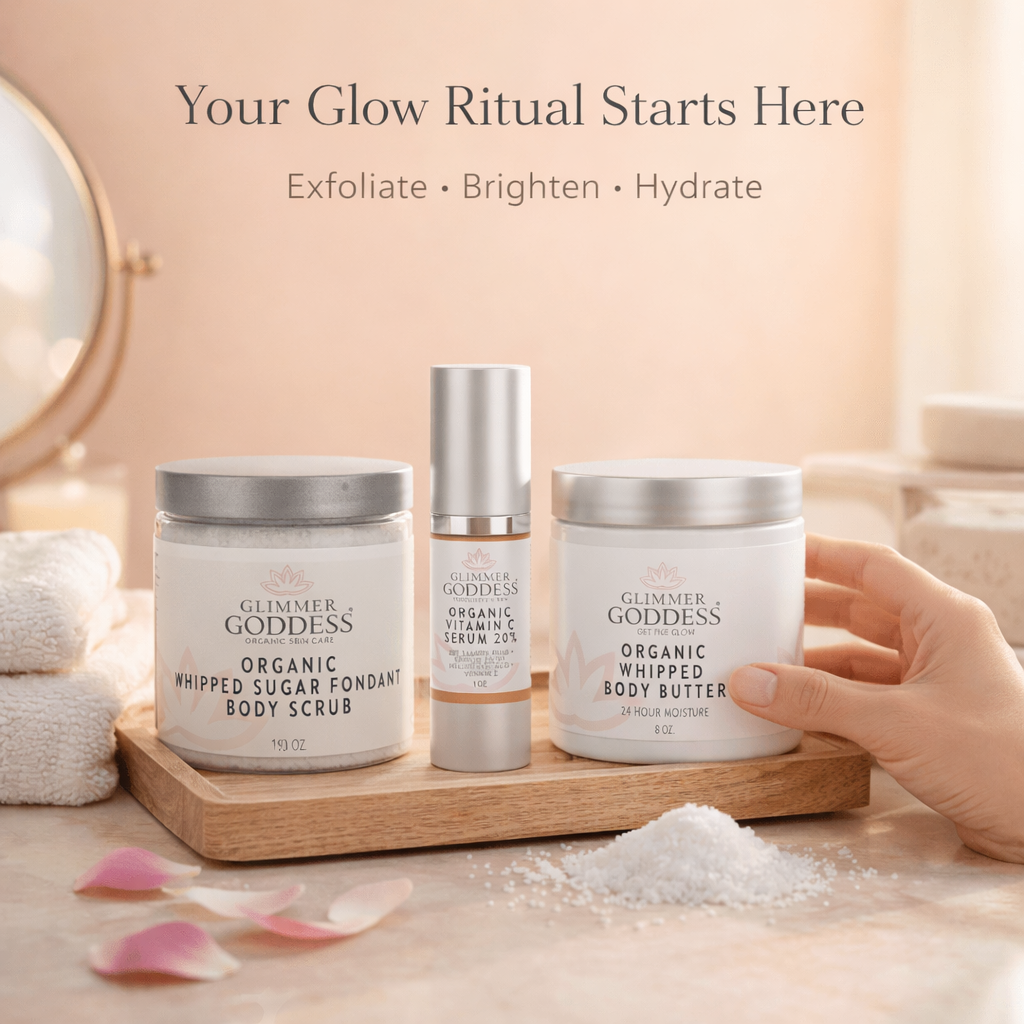 Glimmer Goddess Organic Skin Care Radiance Glow gift set with exfoliating, brightening, and hydrating skincare products in a gift pack