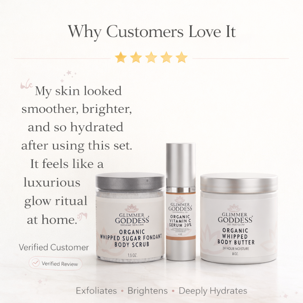 Glimmer Goddess Organic Skin Care Radiance Glow gift set with exfoliating, brightening, and hydrating skincare products in a gift pack.