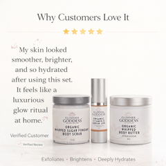 Glimmer Goddess Organic Skin Care Radiance Glow gift set with exfoliating, brightening, and hydrating skincare products in a gift pack.