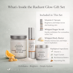 Glimmer Goddess Organic Skin Care Radiance Glow gift set with exfoliating, brightening, and hydrating skincare products in a gift pack.