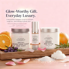 Glimmer Goddess Organic Skin Care Radiance Glow gift set with exfoliating, brightening, hydrating skincare products in a colorful box
