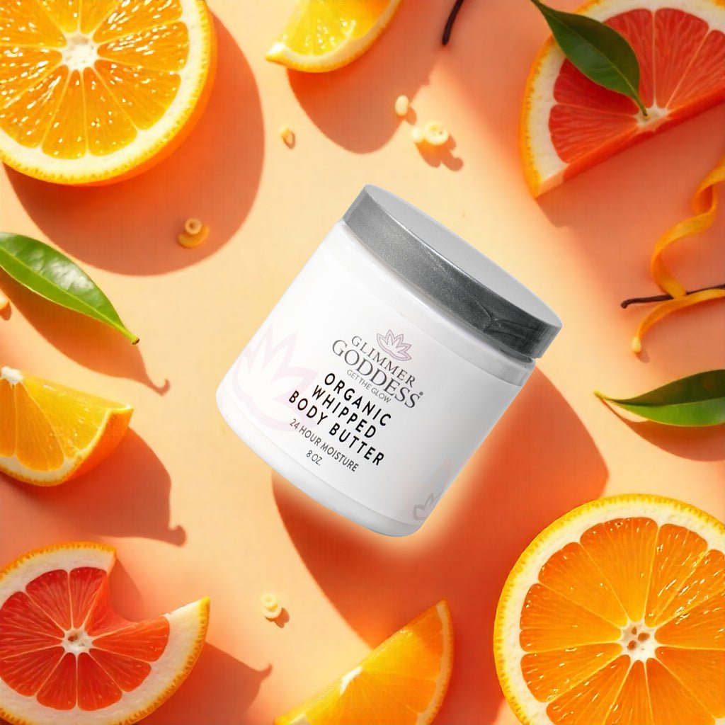 Glimmer Goddess Organic Skin Care Radiance Glow gift set with exfoliating, brightening, and hydrating skincare products.