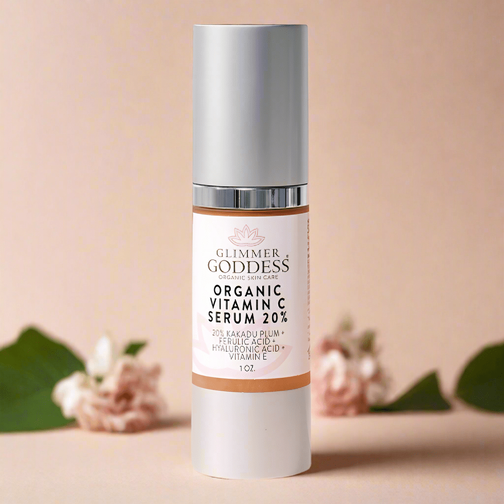 Glimmer Goddess Organic Skin Care Radiance Glow gift set with exfoliating, brightening, and hydrating skincare products in a gift pack