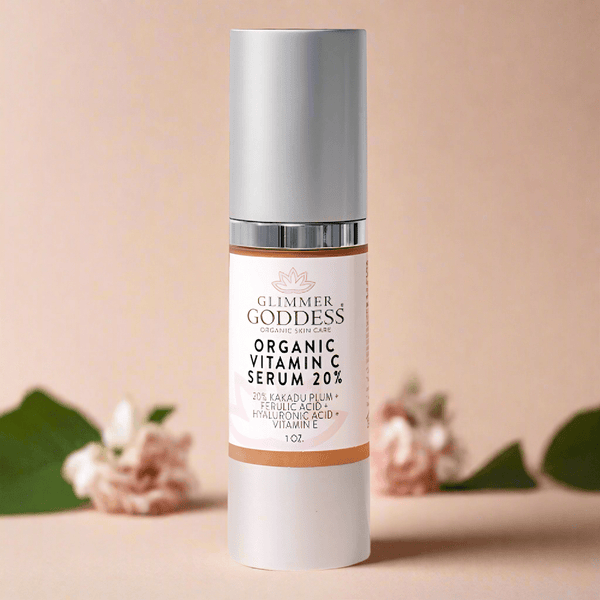 Glimmer Goddess Organic Skin Care Radiance Glow gift set with exfoliating, brightening, and hydrating skincare products in a gift pack