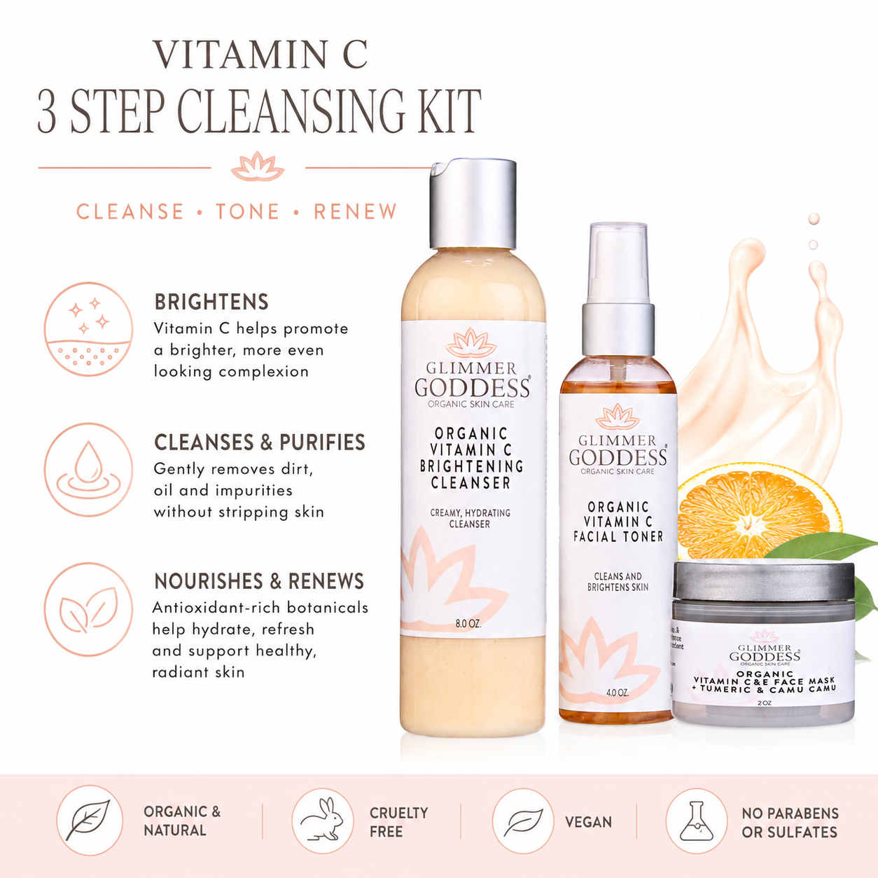 Glimmer Goddess Organic Skin Care Vitamin C Brighter Skin 3-Step Cleansing Kit gift set with cleanser, toner, and moisturizer in a box.