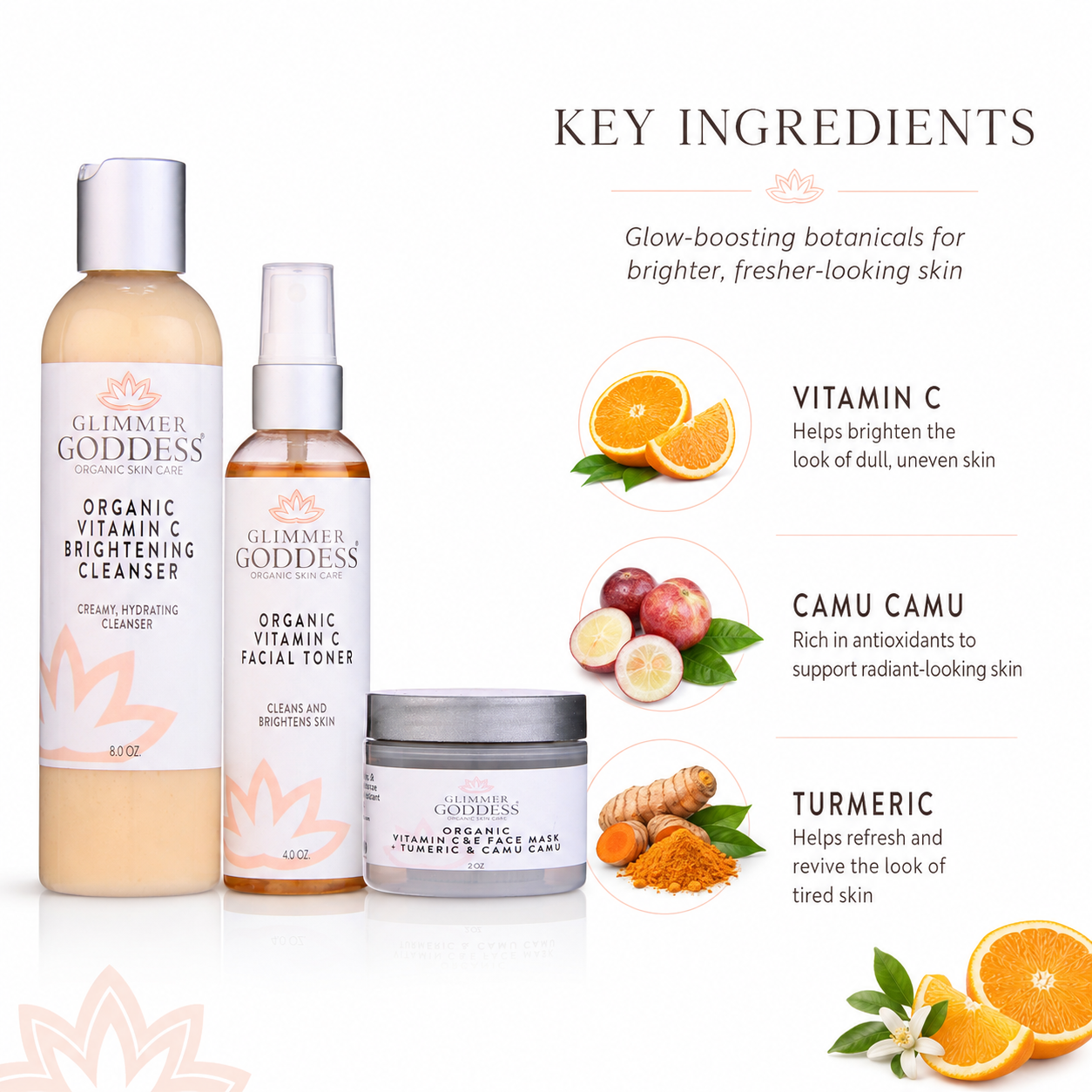 Glimmer Goddess Organic Skin Care Vitamin C Brighter Skin 3-Step Cleansing Kit gift set with cleanser, toner, and moisturizer.