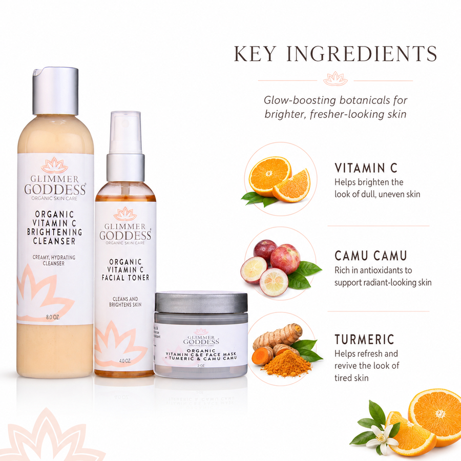 Glimmer Goddess Organic Skin Care Vitamin C Brighter Skin 3-Step Cleansing Kit gift set with cleanser, toner, and moisturizer.