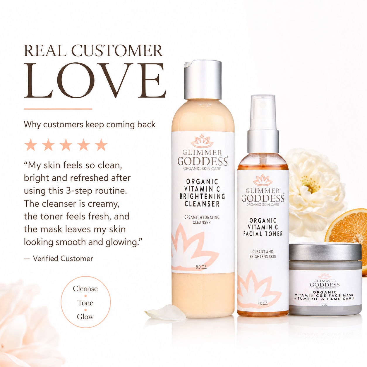 Glimmer Goddess Organic Skin Care Vitamin C Brighter Skin 3-Step Cleansing Kit in gift pack, including cleanser, toner, and moisturizer.