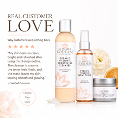 Glimmer Goddess Organic Skin Care Vitamin C Brighter Skin 3-Step Cleansing Kit in gift pack, including cleanser, toner, and moisturizer.