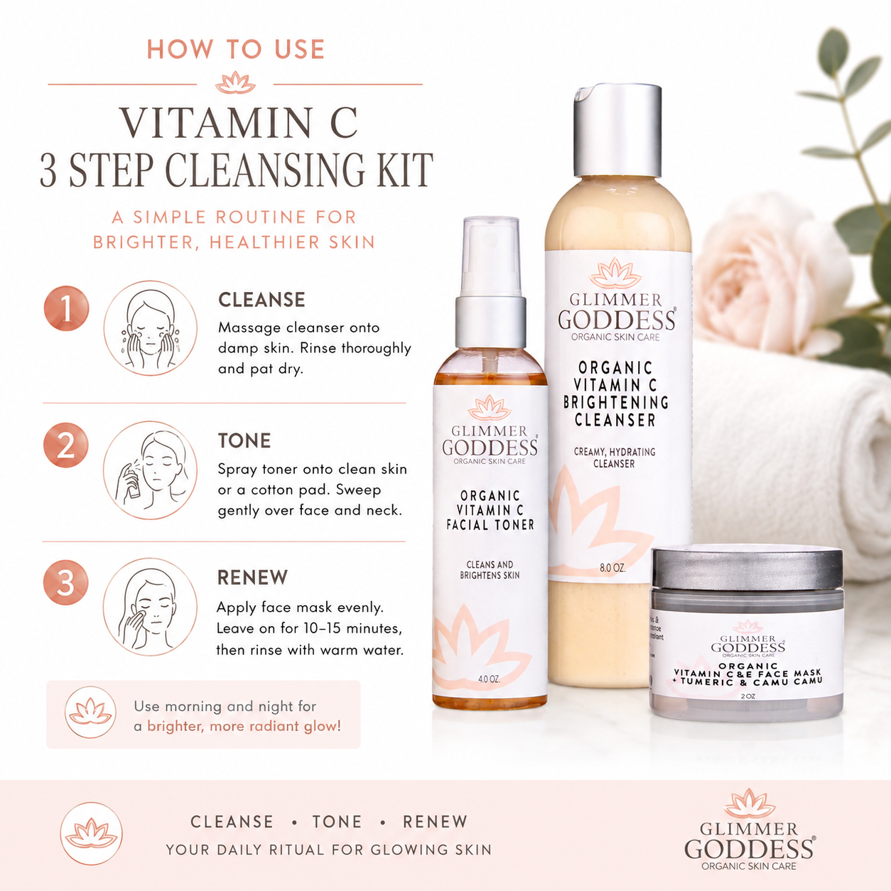 Glimmer Goddess Organic Skin Care Vitamin C Brighter Skin 3-Step Cleansing Kit gift set with cleanser, toner, and moisturizer.