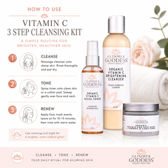 Glimmer Goddess Organic Skin Care Vitamin C Brighter Skin 3-Step Cleansing Kit gift set with cleanser, toner, and moisturizer.