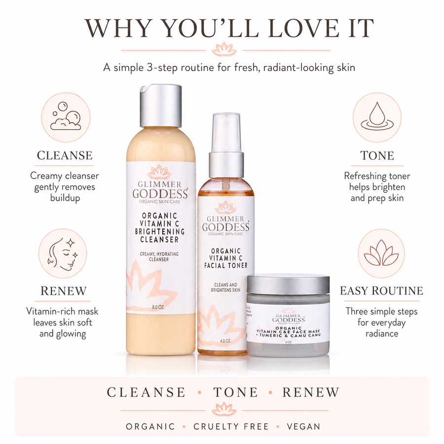 Glimmer Goddess Organic Skin Care Vitamin C Brighter Skin 3-Step Cleansing Kit gift set with cleanser, toner, and moisturizer.