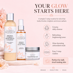 Glimmer Goddess Organic Vitamin C Brighter Skin 3-Step Cleansing Kit in gift pack, skincare set with cleansers and serums.