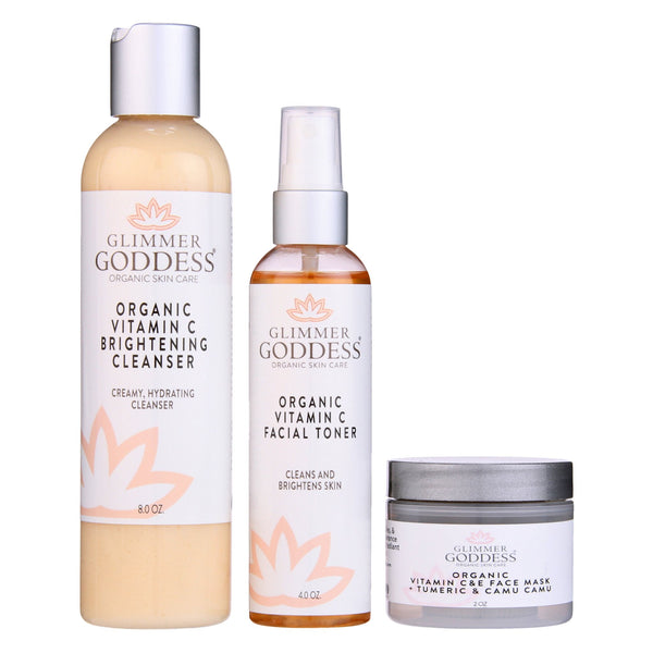 Glimmer Goddess Organic Skin Care Vitamin C Brighter Skin 3-Step Cleansing Kit gift set with skincare products for glowing skin