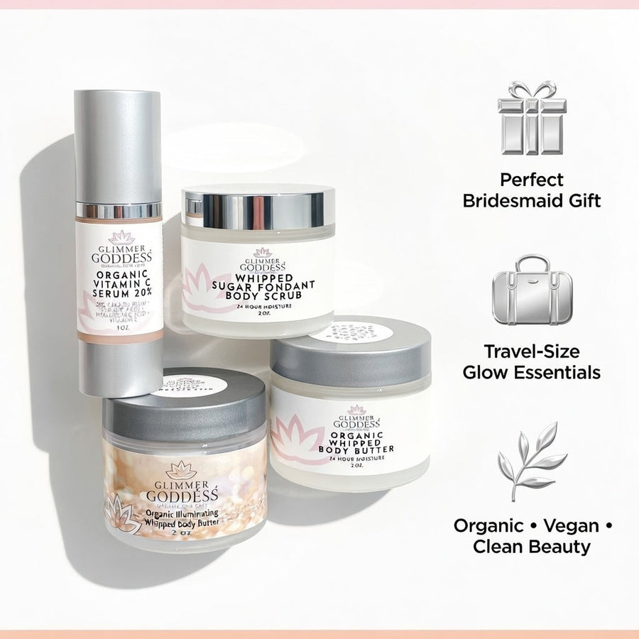 Glimmer Goddess Organic Skin Care Bridesmaid Glow Gift Set with radiant beauty essentials for bridal party and wedding day.