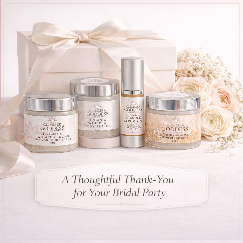 Glimmer Goddess Organic Skin Care Bridesmaid Glow Gift Set with radiant beauty essentials for bridal party and wedding day.